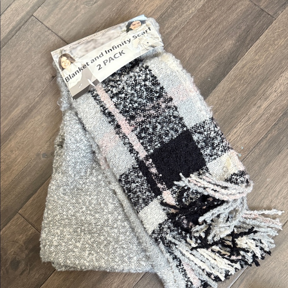 Cozy Gray and Black Plaid Scarf Set